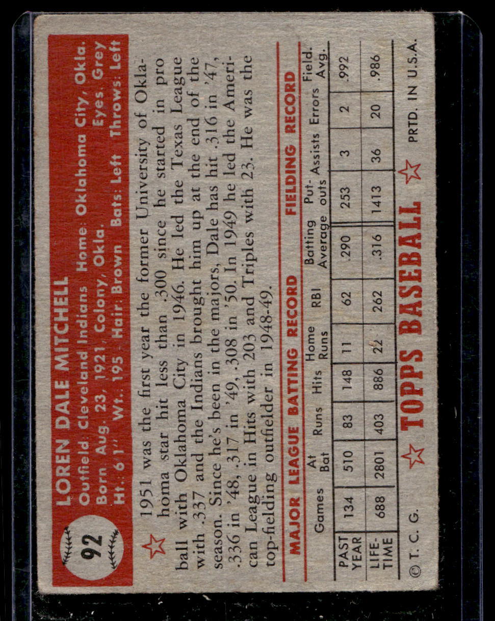 1952 Topps #92 Dale Mitchell - GOOD