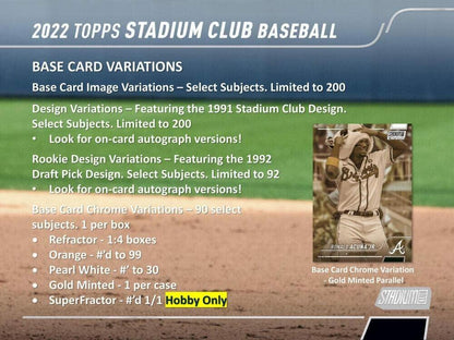 2022 Topps Stadium Club Baseball Hobby Box (16 Packs/8 Cards: 2 Autos)