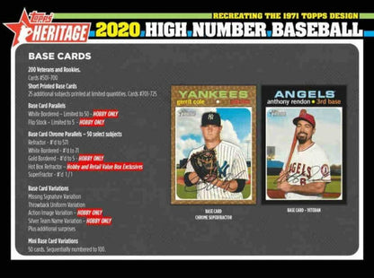 2020 Topps Heritage High Number Baseball Hobby Box (24 Packs/9 Cards: 1 Auto)