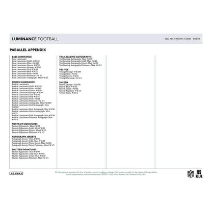 2022 Panini Luminance Football Hobby Box (4 Packs/10 Cards: 3 Autos)