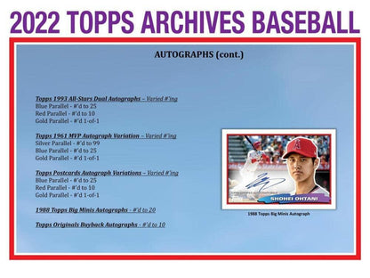 2022 Topps Archives Baseball Hobby Box (24 Packs/8 Cards: 2 Autos, 1 Box Topper)