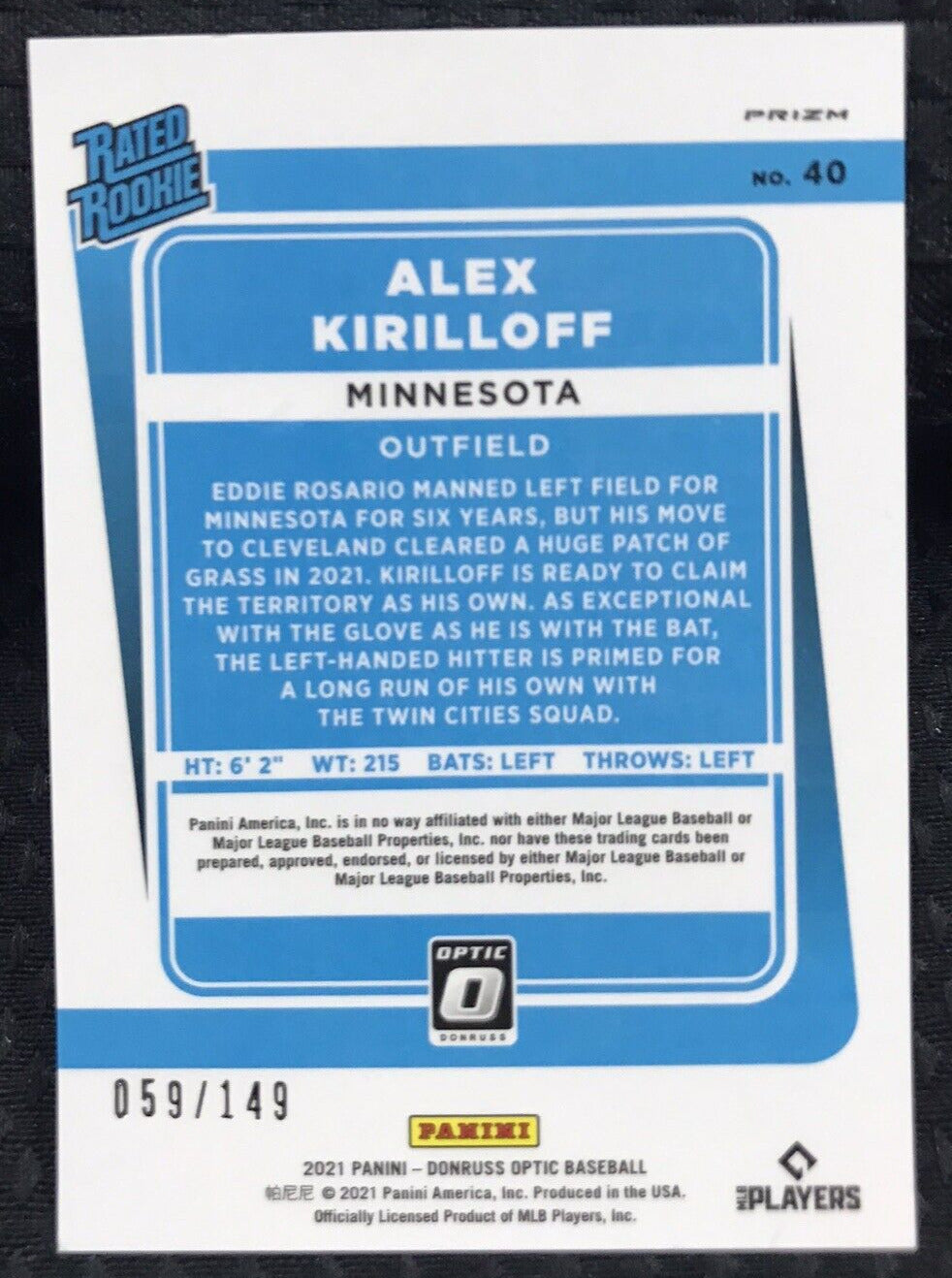 2021 Donruss Optic Alex Kirilloff Rated Rookie Prizm Black Stars  #'D 59/149