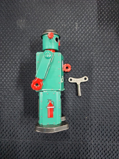 ATOMIC Robot Man Schylling BLUE Tin Windup Toy w/ Box & Key 1997 5” Tall !