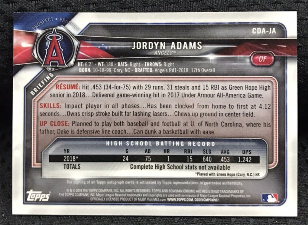 2018 Bowman Draft Chrome Jordyn Adams Auto #CDA-JA Angels 1st Prospect Autogrpah