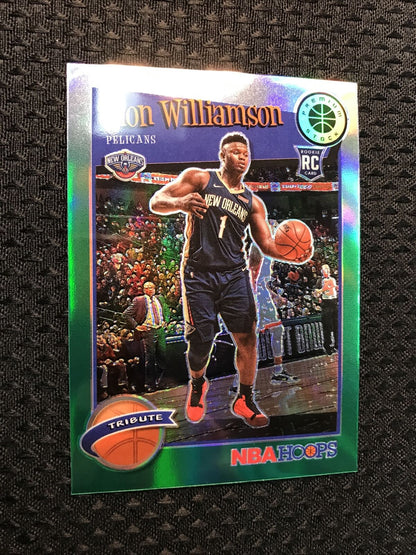2019 NBA Hoops Premium Stock Tribute Green Prizm Zion Williamson #296 Rookie RC