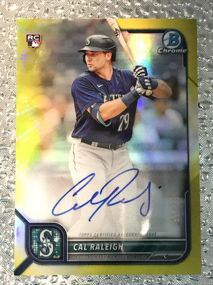 2022 Bowman Chrome Cal Raleigh MARINERS AUTOGRAPH AUTO YELLOW REFRACTOR RC /75 *