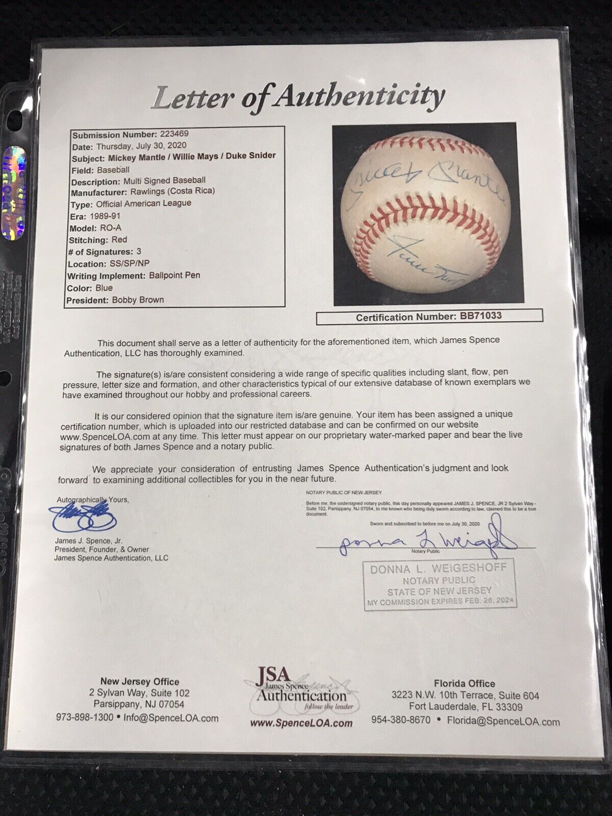 Mickey Mantle / Duke Snider/ Willie Mays Signed OAL Baseball JSA LOA ⚾️
