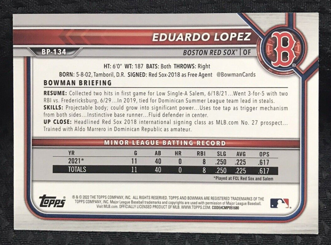 2022 Bowman Eduardo Lopez 1st Bowman Neon Green Parallel /399 #BP-134 Red Sox
