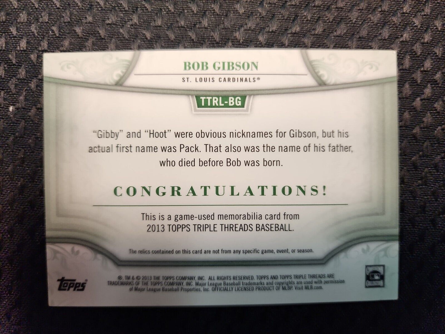 2013 Topps Triple Threads Bob Gibson Legends Game Used Relic /18 #TTRL-BG