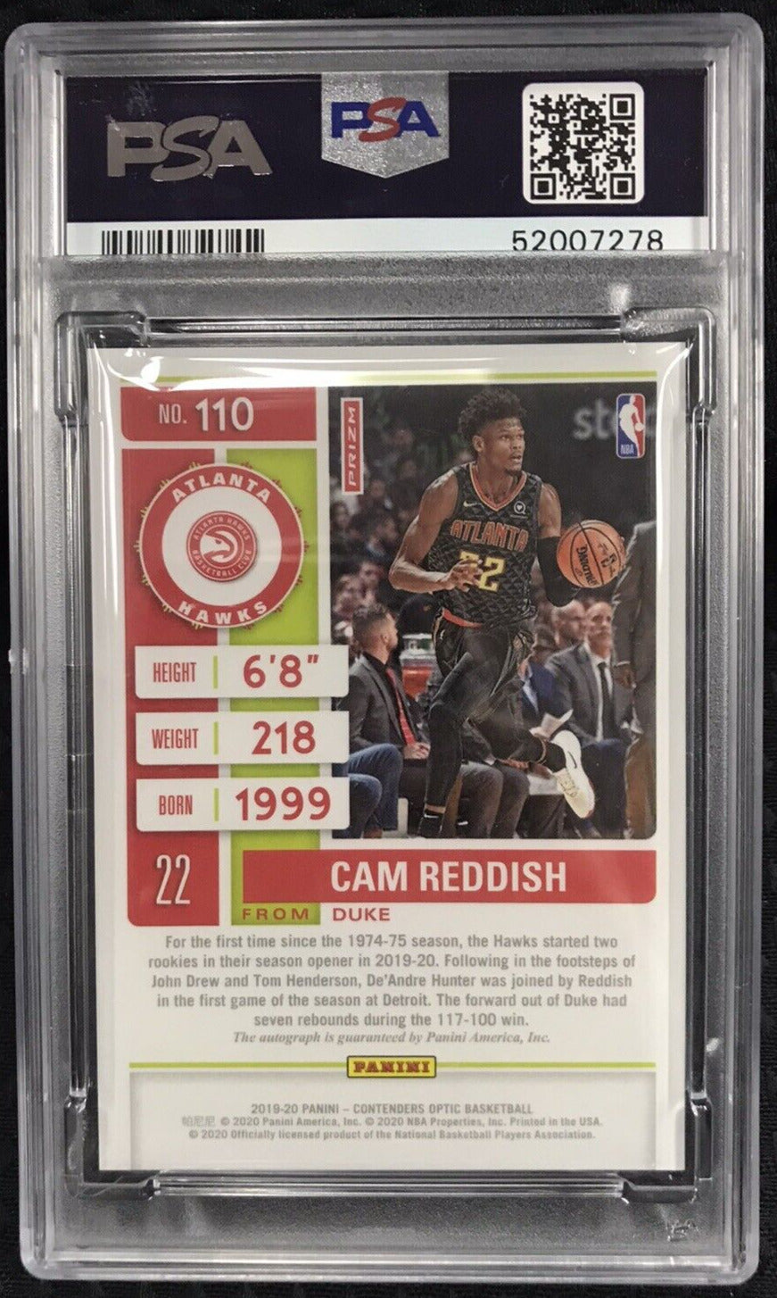 2019-20 Contenders Optic CAM REDDISH Rookie Auto Autograph Holo RC PSA 9  HAWKS