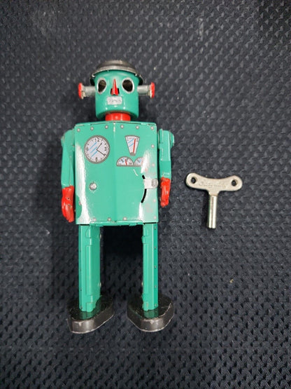 ATOMIC Robot Man Schylling BLUE Tin Windup Toy w/ Box & Key 1997 5” Tall !