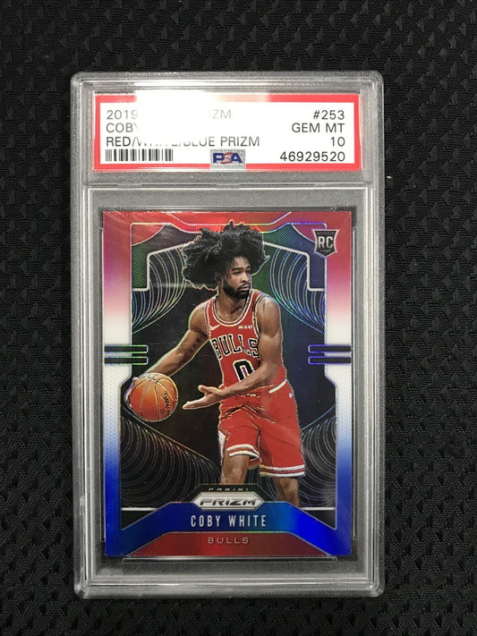 2019-20 Prizm Coby White Red White Blue Prizm Rookie #253 PSA 10 GEM MINT Bulls