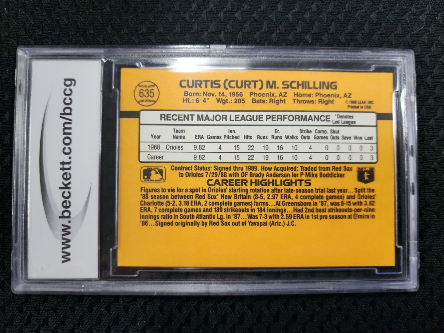 1989 Donruss Curt Schilling Baltimore Orioles #635 Rookie Beckett BCCG Mint 10