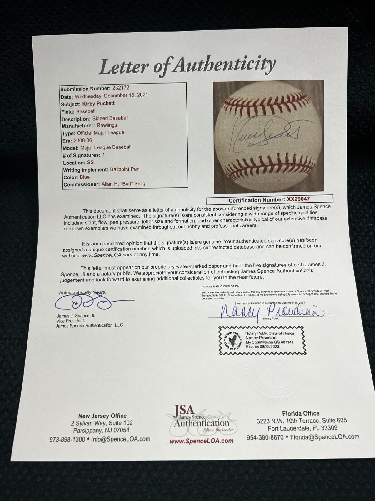Autographed AL Baseball Kirby Puckett With JSA Letter of Authenticity Sweet Spot