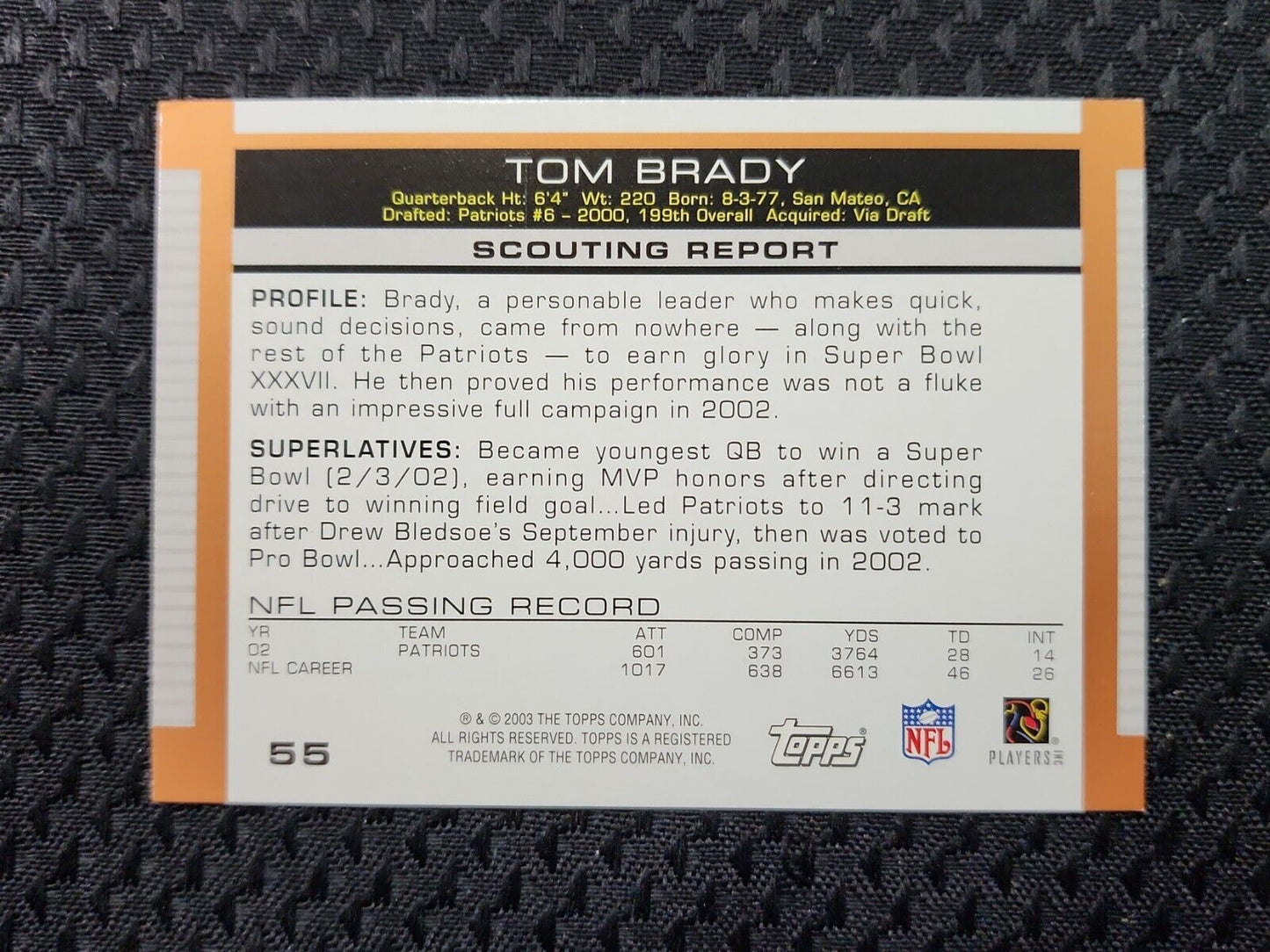 2003 Topps Tom Brady Card #55 New England Patriots