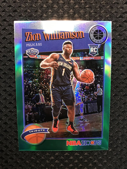 2019 NBA Hoops Premium Stock Tribute Green Prizm Zion Williamson #296 Rookie RC